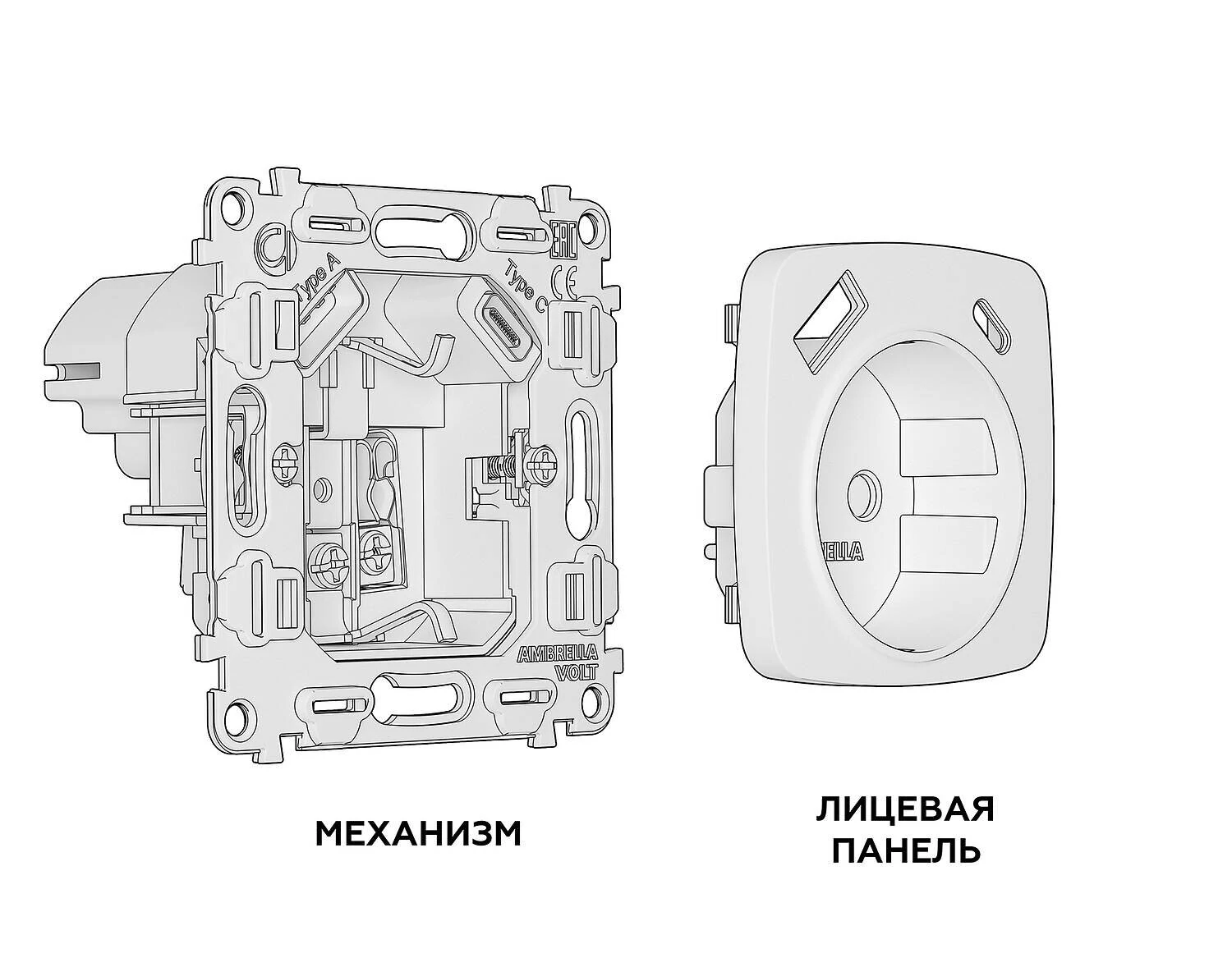 Комплект механизма электрической розетки OMEGA Черный матовый 2USB A+C 20W (быстрая зарядка) с/з QUANT (OP8100, VM160) (Ambrella Volt, MO810010) - Amppa.ru